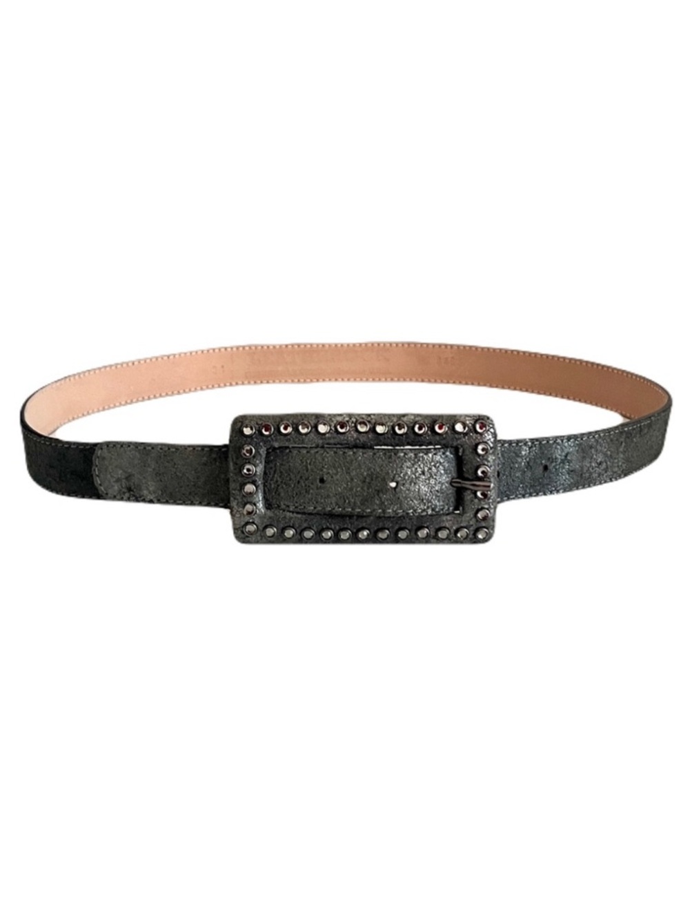 Leatherock Metallic Gunmetal Leather Crystal Buckle Belt, Size 34